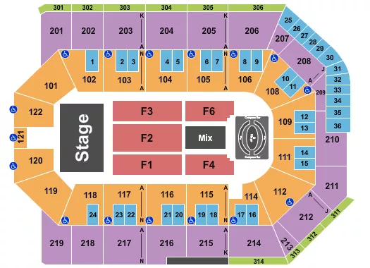 Carin Leon Seating Chart at Toyota Arena. The chart shows the main floor/stage with seating options surrounding it, which are color coded