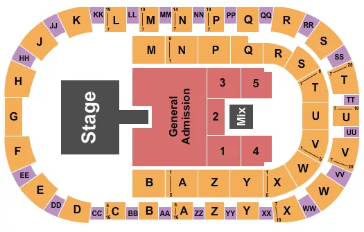 Brantley Gilbert Seating Chart at Toyota Center. The chart shows the main floor/stage with seating options surrounding it, which are color coded