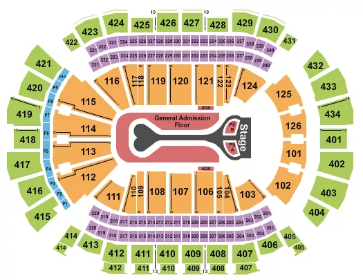Benson Boone Seating Chart at Toyota Center. The chart shows the main floor/stage with seating options surrounding it, which are color coded