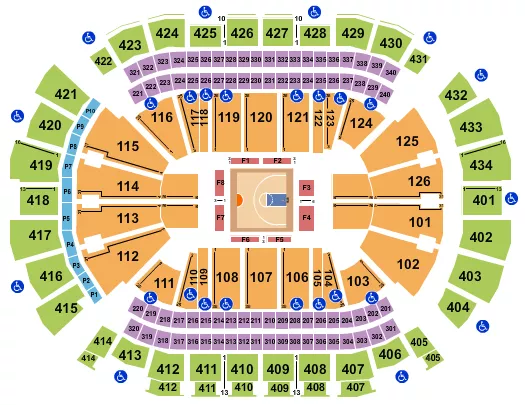 Basketball - Big3 Seating Chart at Toyota Center. The chart shows the main floor/stage with seating options surrounding it, which are color coded