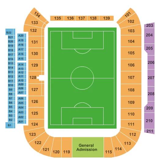 soccer Seating Chart at SeatGeek Stadium. The chart shows the main floor/stage with seating options surrounding it, which are color coded