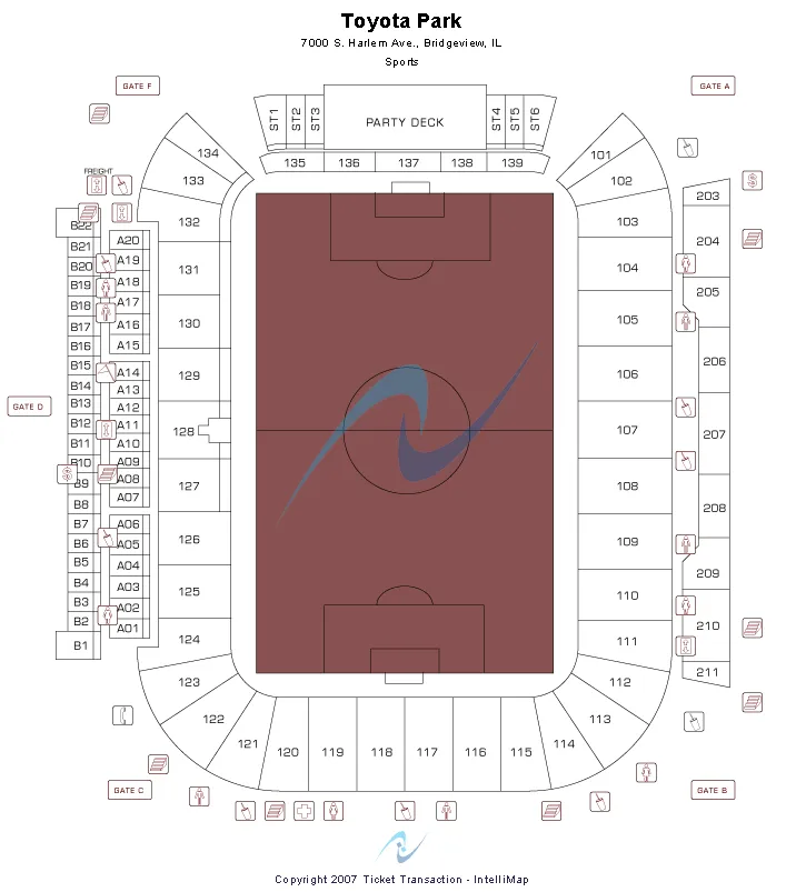 Football Seating Chart at SeatGeek Stadium. The chart shows the main floor/stage with seating options surrounding it, which are color coded