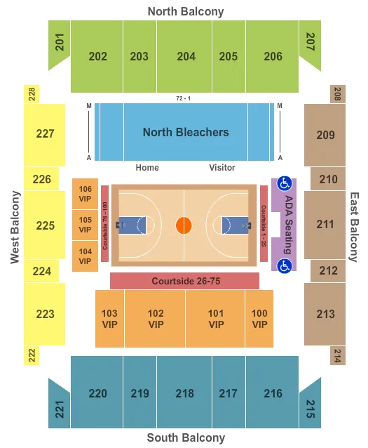 Basketball Seating Chart at Trask Coliseum. The chart shows the main floor/stage with seating options surrounding it, which are color coded