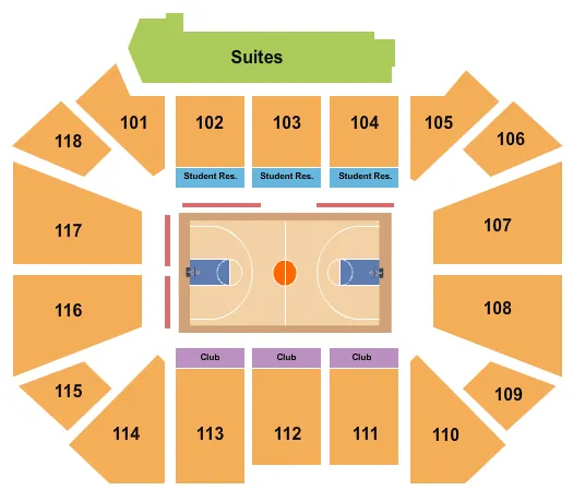 Basketball Seating Chart at Trojan Arena. The chart shows the main floor/stage with seating options surrounding it, which are color coded