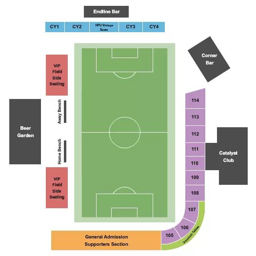 Soccer Seating Chart at Truist Point Ballpark. The chart shows the main floor/stage with seating options surrounding it, which are color coded