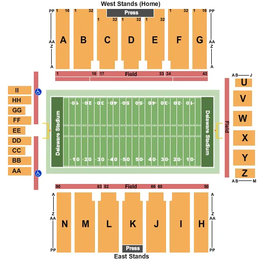 seating chart for Delaware Stadium - Football 2 - eventticketscenter.com