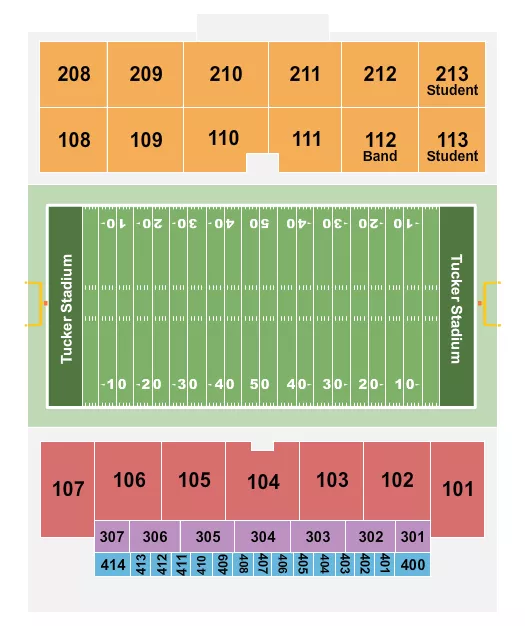 Football 2 Seating Chart at Tucker Stadium. The chart shows the main floor/stage with seating options surrounding it, which are color coded