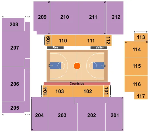 Basketball Seating Chart at Tudor Fieldhouse. The chart shows the main floor/stage with seating options surrounding it, which are color coded