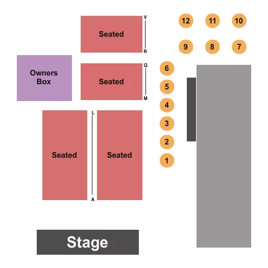 Endstage Seating Chart at Tulips FTW. The chart shows the main floor/stage with seating options surrounding it, which are color coded