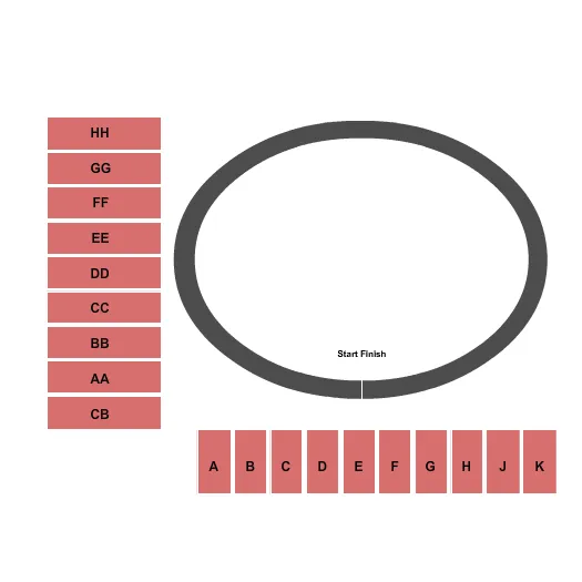 Raceway Seating Chart at Tulsa Raceway Park. The chart shows the main floor/stage with seating options surrounding it, which are color coded