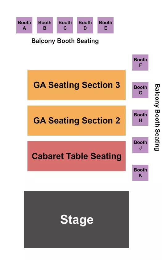 Cabaret Tables 3 Seating Chart at Turner Hall Ballroom. The chart shows the main floor/stage with seating options surrounding it, which are color coded