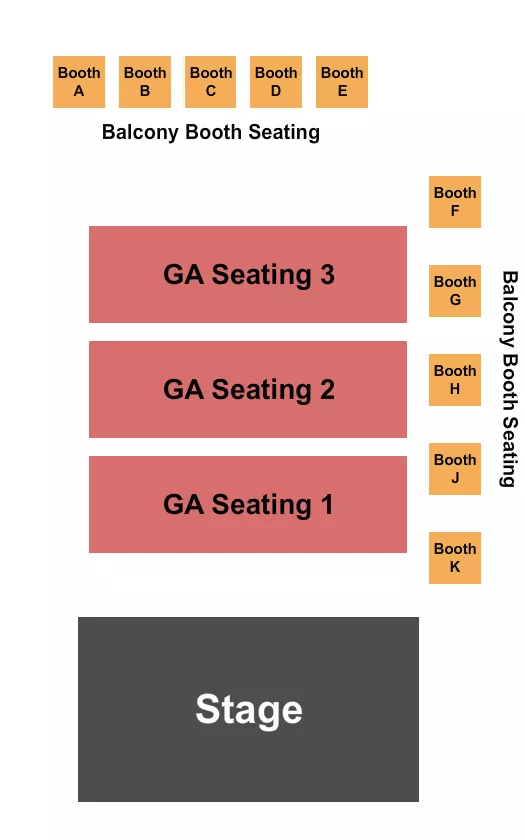 GA Seating Tiers Seating Chart at Turner Hall Ballroom. The chart shows the main floor/stage with seating options surrounding it, which are color coded