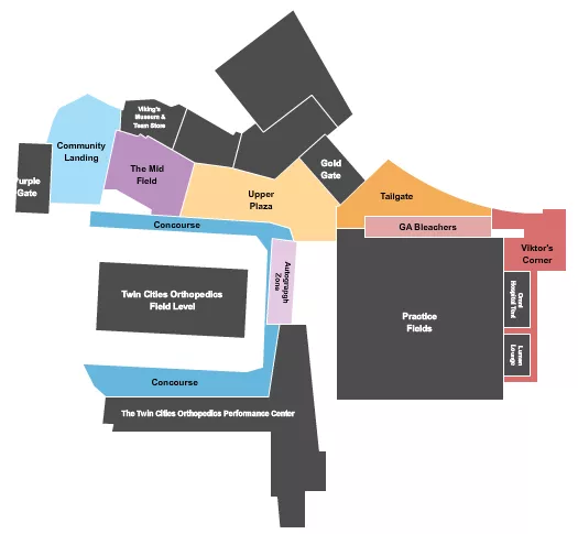 Training Camp Seating Chart at Twin Cities Orthopedics Performance Center. The chart shows the main floor/stage with seating options surrounding it, which are color coded