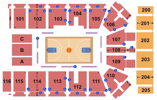Basketball Seating Chart at Tyson Events Center - Fleet Farm Arena. The chart shows the main floor/stage with seating options surrounding it, which are color coded