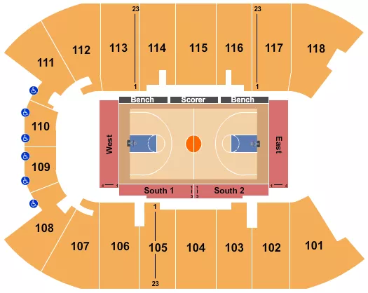 Basketball Seating Chart at Doug Mitchell Thunderbird Sports Centre. The chart shows the main floor/stage with seating options surrounding it, which are color coded