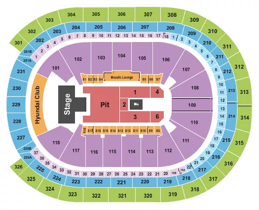 Avenged Sevenfold Seating Chart at UBS Arena. The chart shows the main floor/stage with seating options surrounding it, which are color coded