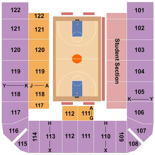 Basketball Seating Chart at UCI Bren Events Center. The chart shows the main floor/stage with seating options surrounding it, which are color coded