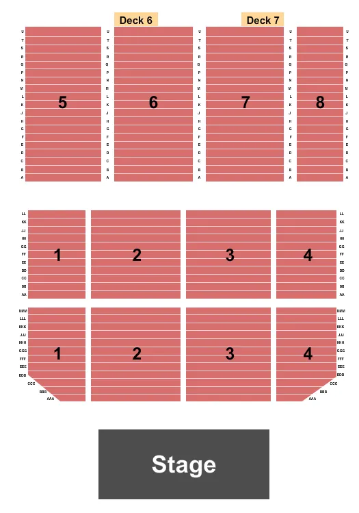 End Stage Seating Chart at UIC Forum. The chart shows the main floor/stage with seating options surrounding it, which are color coded