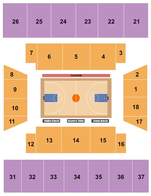 Basketball Seating Chart at UNF Arena. The chart shows the main floor/stage with seating options surrounding it, which are color coded