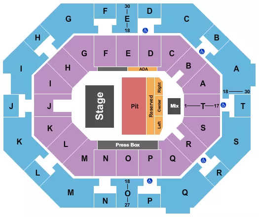 Endstage Pit Seating Chart at UNO Lakefront Arena. The chart shows the main floor/stage with seating options surrounding it, which are color coded