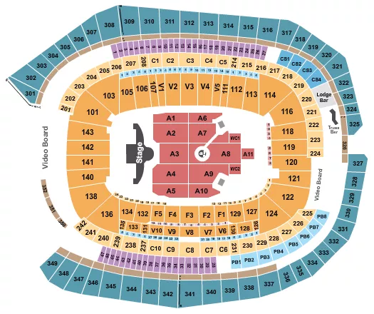 Ed Sheeran Seating Chart at US Bank Stadium. The chart shows the main floor/stage with seating options surrounding it, which are color coded
