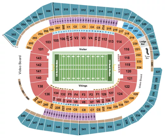 Football NO VFS Seating Chart at US Bank Stadium. The chart shows the main floor/stage with seating options surrounding it, which are color coded