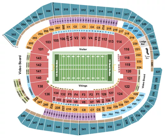 Football NO VFS Seating Chart at US Bank Stadium. The chart shows the main floor/stage with seating options surrounding it, which are color coded