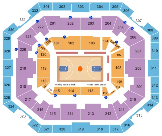 Basketball Seating Chart at The Yuengling Center. The chart shows the main floor/stage with seating options surrounding it, which are color coded