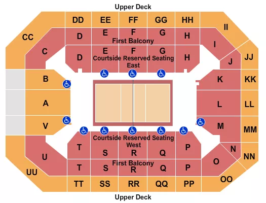 Volleyball Seating Chart at UW Field House. The chart shows the main floor/stage with seating options surrounding it, which are color coded
