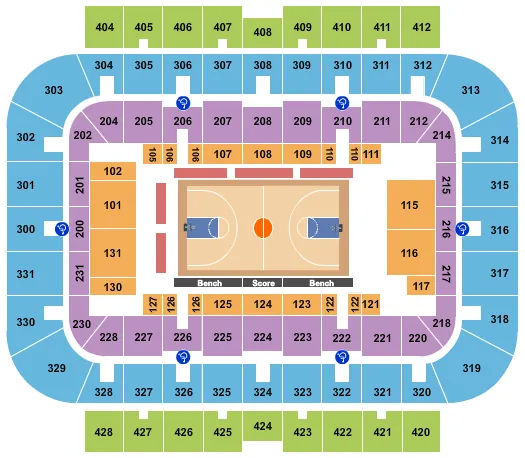 Basketball Seating Chart at Klotsche Arena. The chart shows the main floor/stage with seating options surrounding it, which are color coded