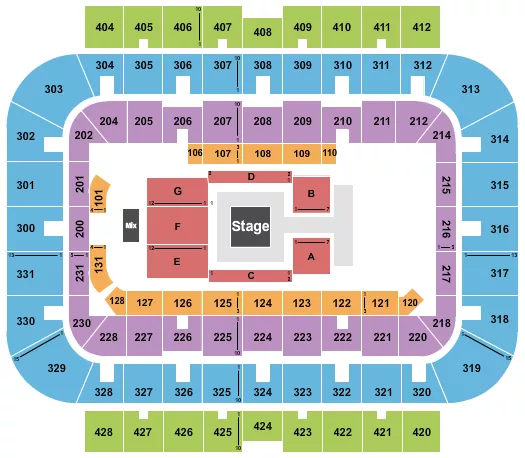 Wrestling 3 Seating Chart at UWM Panther Arena. The chart shows the main floor/stage with seating options surrounding it, which are color coded