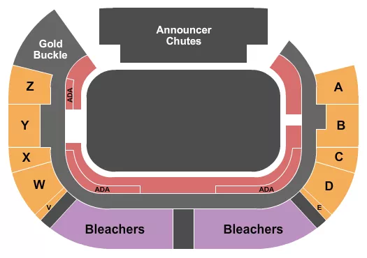 Rodeo Seating Chart at Umatilla County Fair. The chart shows the main floor/stage with seating options surrounding it, which are color coded
