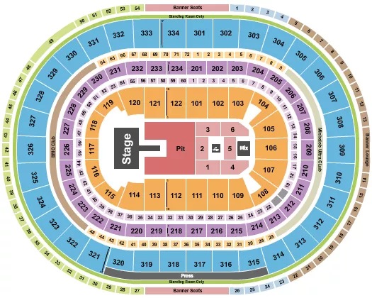 Alex Warren Seating Chart at United Center. The chart shows the main floor/stage with seating options surrounding it, which are color coded