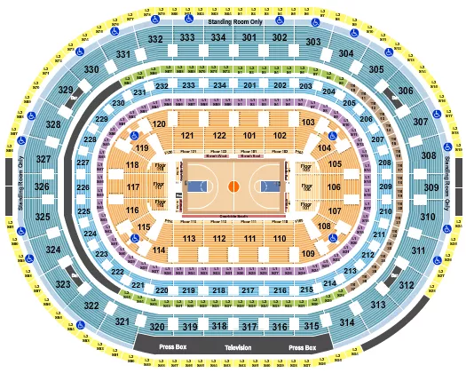 Basketball Row VFS Seating Chart at United Center. The chart shows the main floor/stage with seating options surrounding it, which are color coded