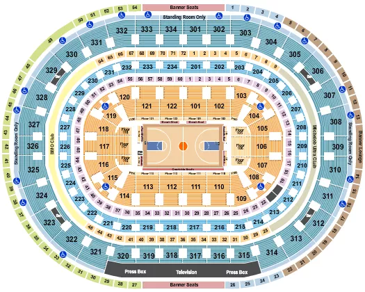 Basketball Row VFS Seating Chart at United Center. The chart shows the main floor/stage with seating options surrounding it, which are color coded