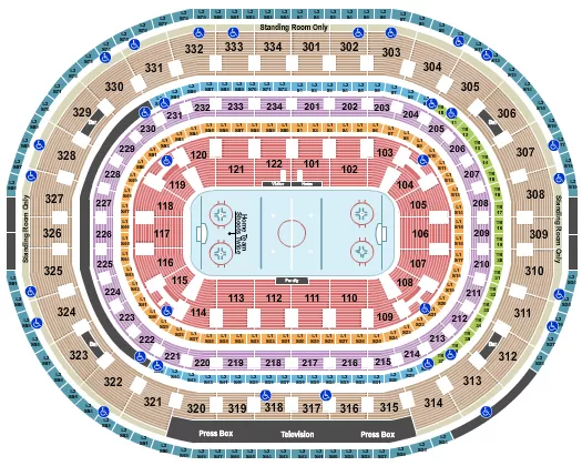 Hockey Row Seating Chart at United Center. The chart shows the main floor/stage with seating options surrounding it, which are color coded