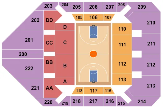 Basketball - Mens Seating Chart at University Arena at Read Fieldhouse. The chart shows the main floor/stage with seating options surrounding it, which are color coded