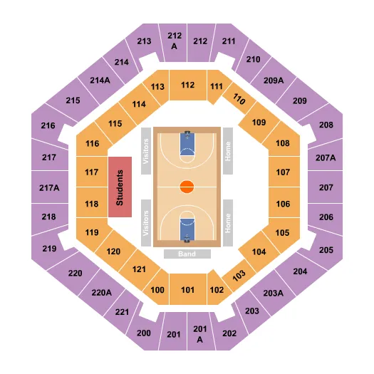 Basketball Seating Chart at University Center . The chart shows the main floor/stage with seating options surrounding it, which are color coded