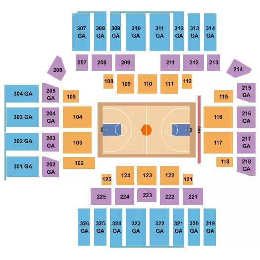 Basketball Seating Chart at University Credit Union Center. The chart shows the main floor/stage with seating options surrounding it, which are color coded