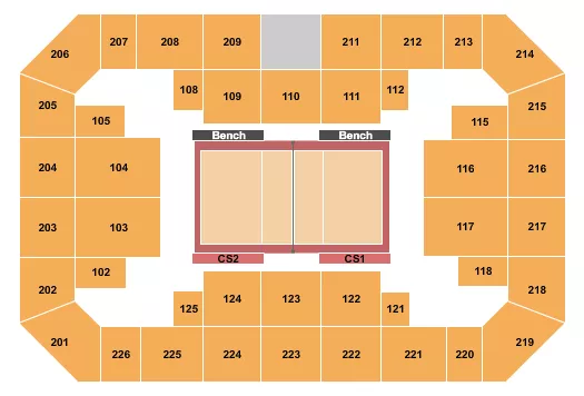 Volleyball Seating Chart at University Credit Union Center. The chart shows the main floor/stage with seating options surrounding it, which are color coded