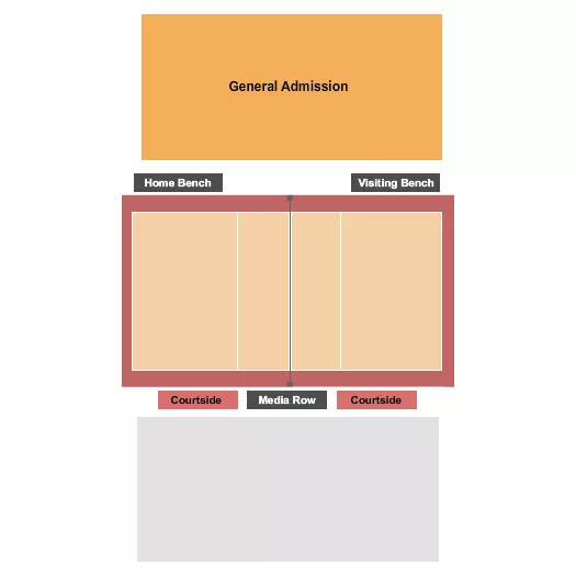 Volleyball Seating Chart at University Field House. The chart shows the main floor/stage with seating options surrounding it, which are color coded