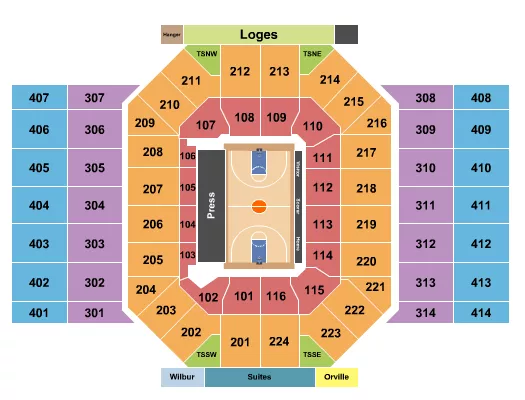 Basketball - NCAA Seating Chart at University Of Dayton Arena. The chart shows the main floor/stage with seating options surrounding it, which are color coded