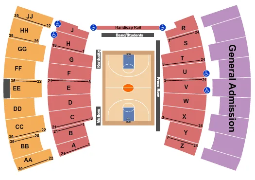 Basketball Seating Chart at University of Kentucky - Memorial Coliseum. The chart shows the main floor/stage with seating options surrounding it, which are color coded