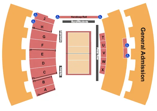 Volleyball Seating Chart at University of Kentucky - Memorial Coliseum. The chart shows the main floor/stage with seating options surrounding it, which are color coded