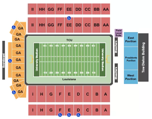 2022 New Mexico Bowl Seating Chart at University Stadium. The chart shows the main floor/stage with seating options surrounding it, which are color coded