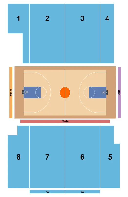 Basketball Seating Chart at University of Denver - Hamilton Gymnasium. The chart shows the main floor/stage with seating options surrounding it, which are color coded