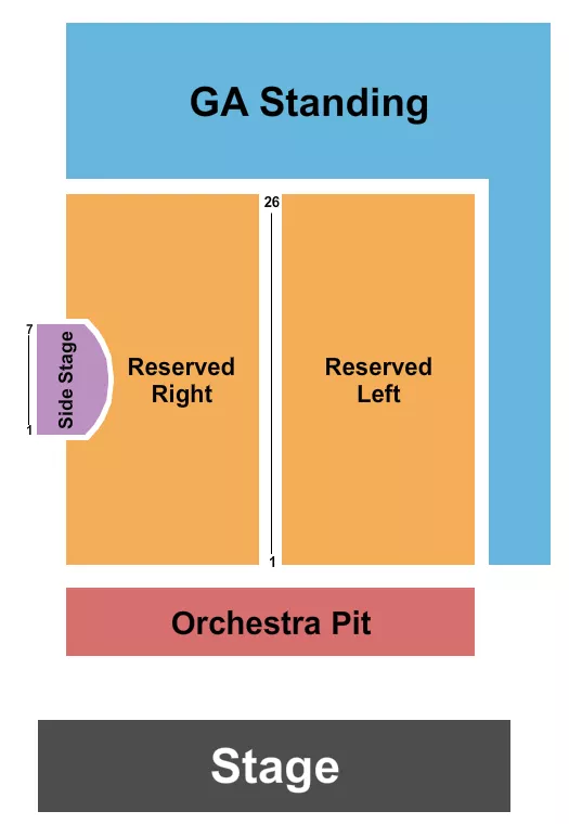 Endstage with GA & Side Stage Seating Chart at Val Air Ballroom. The chart shows the main floor/stage with seating options surrounding it, which are color coded
