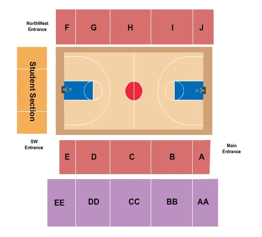 Basketball Seating Chart at Valparaiso Athletics Recreation Center. The chart shows the main floor/stage with seating options surrounding it, which are color coded