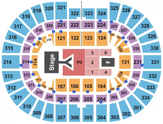Dan and Shay Seating Chart at Value City Arena at The Schottenstein Center. The chart shows the main floor/stage with seating options surrounding it, which are color coded