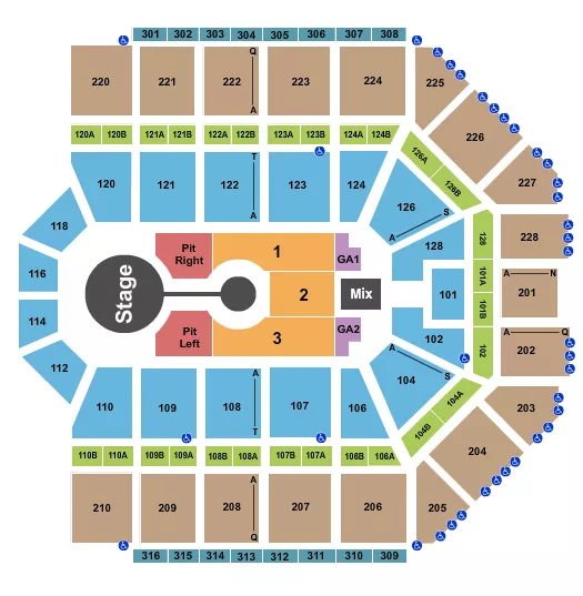 Brandon Lake Seating Chart at Van Andel Arena. The chart shows the main floor/stage with seating options surrounding it, which are color coded
